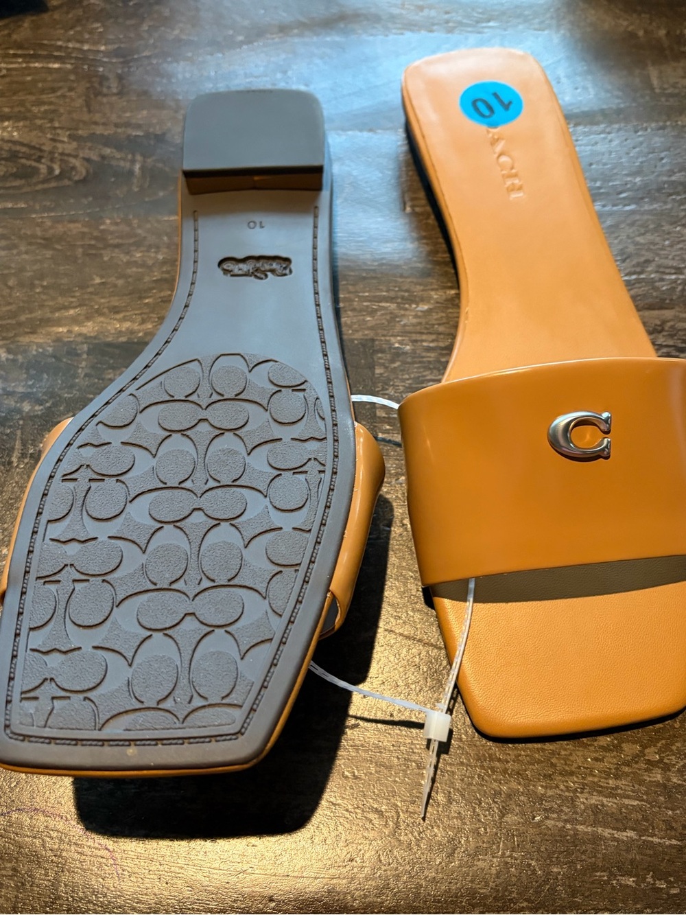 Coach Tan Leather Slide Sandals with Silver 'C' Accent - Picture 2 of 5
